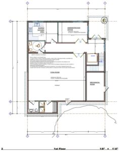Floorplan - 1st floor - showing the reception area, admin office, small kitchen, accessible washroom, yoga room, stairs and elevator.