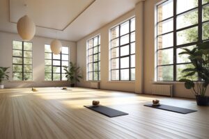 A digital mockup of a light and airy yoga room